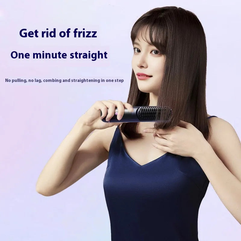 A white portable negative ion hair comb with USB-C charging port, shown alongside dark blue and grey colour options.