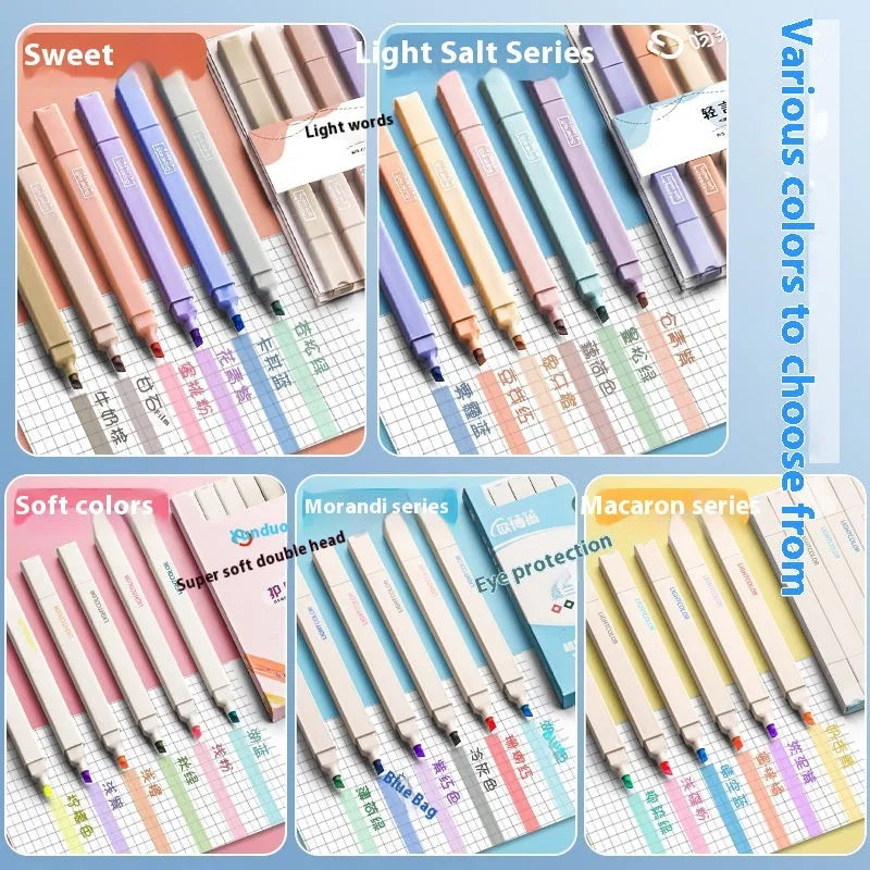 Set of double-ended fluorescent marking pens showing two different coloured nibs on each pen