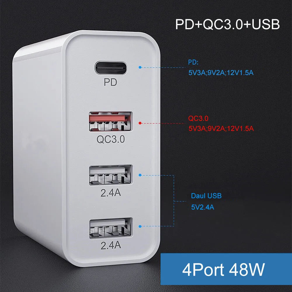 White and black multi-port fast charger with USB ports for PD and QC charging