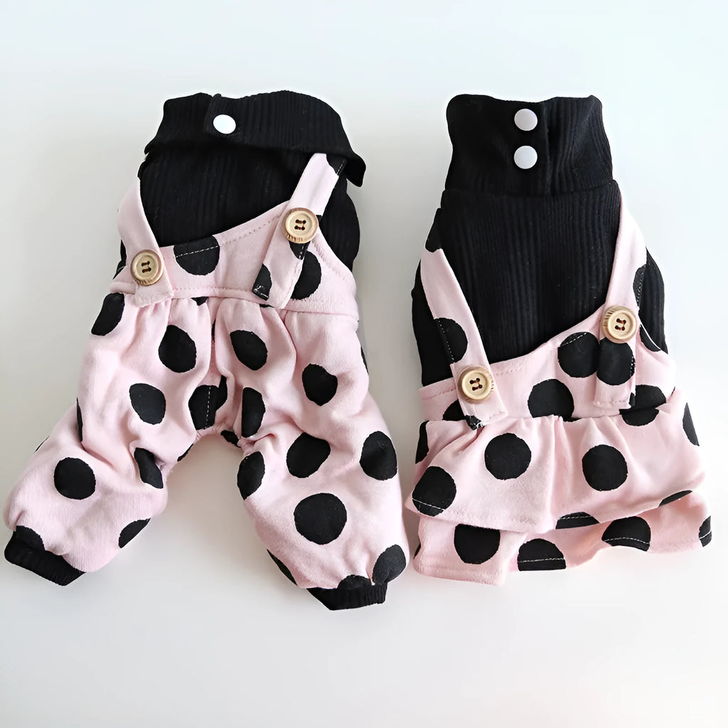 Pet clothing with lapel collar and shoulder strap fastenings in casual cloth design