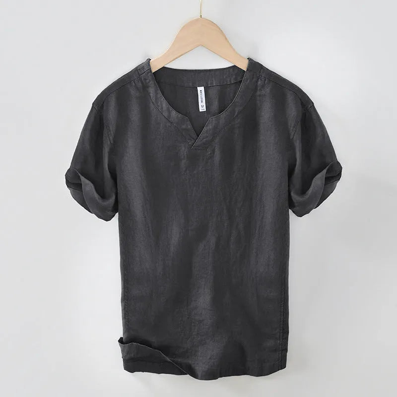 Simple casual linen T-shirt top in khaki, short sleeves, pullover style