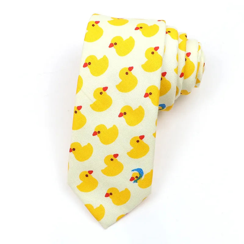 Men's narrow cotton bow tie in a cartoon print with an adjustable knot, shown in a selection of colours.