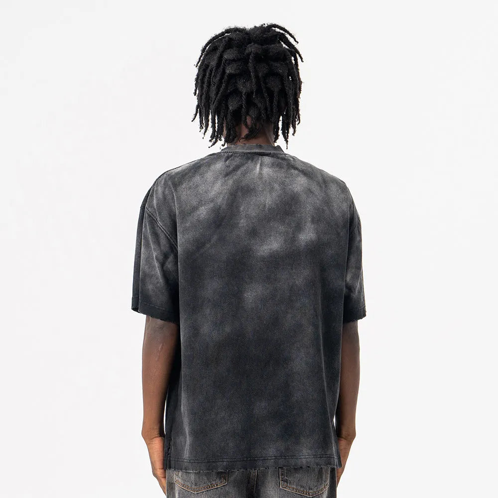 Men's black cotton t-shirt with printed lettering and drop-shoulder sleeves