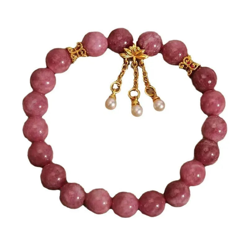 Natural stone women's bracelet with pink lotus tassel and pearl pendant beads in new Chinese style