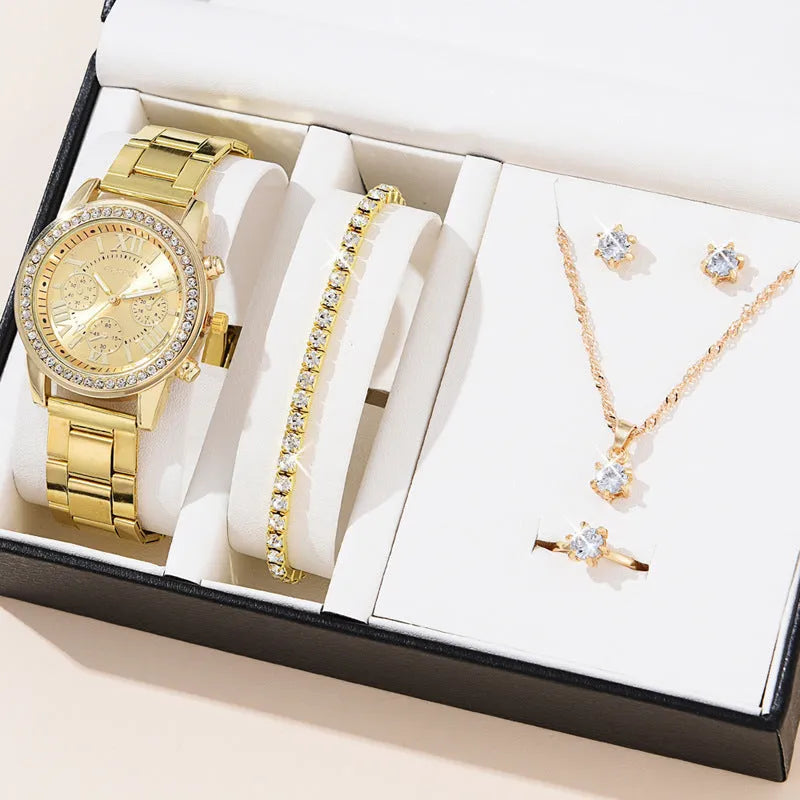 Women's three-eye quartz diamond-embedded watch with rose gold alloy strap