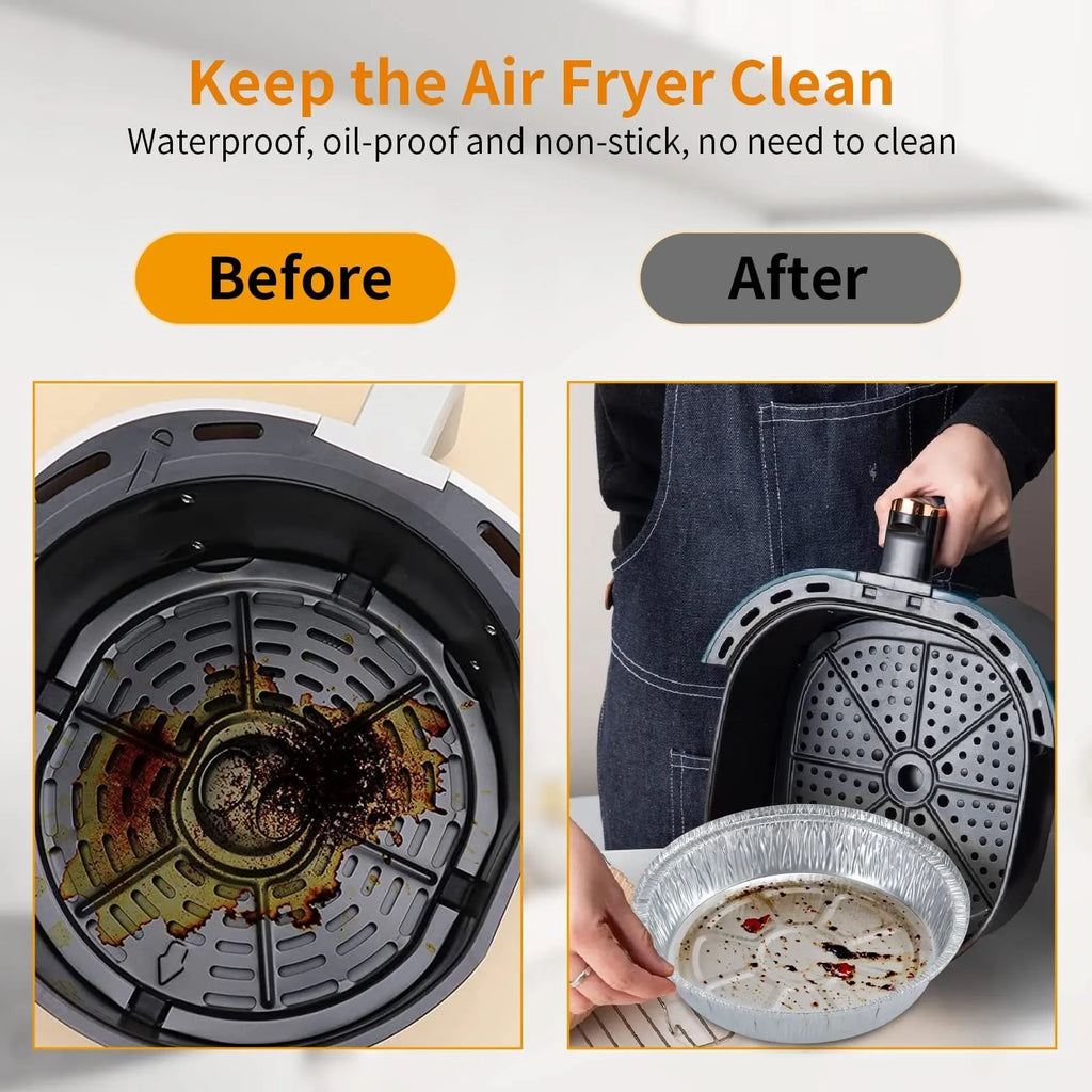 Round disposable aluminium foil liner for air fryer with 4cm high edges, 8 inch size, on a white background