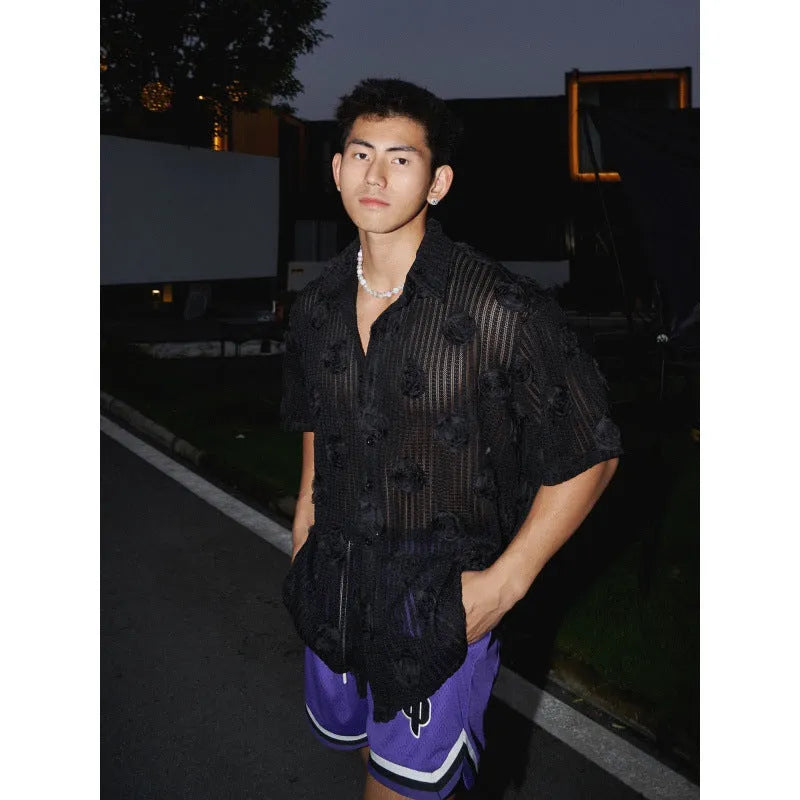 Heavy industry floral print loose fit shirt for plus size men in polyester blend fabric