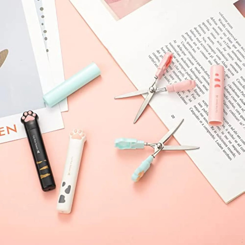 Cat paw design mini folding scissors in pink, white, black, or blue colour options