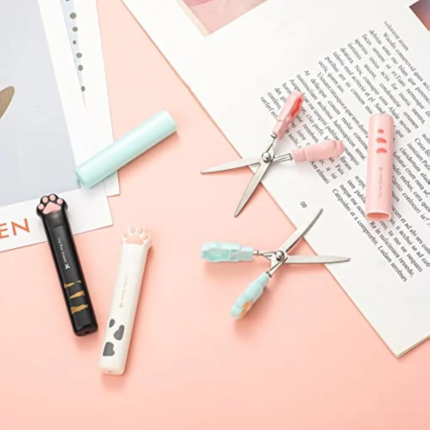 Cat paw design mini folding scissors in pink, white, black, or blue colour options