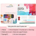 48 colour solid watercolour paint set in box showing Black Knight, Girl Pink and Sunshine Blue pigments