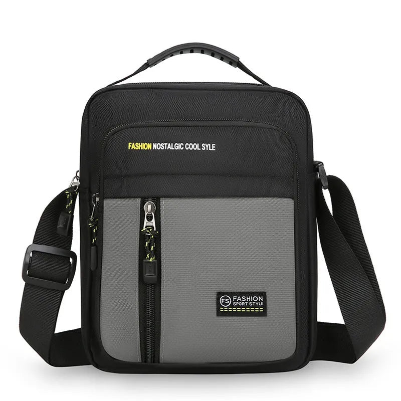 Men's casual nylon crossbody messenger bag in green, shown from the front with sewing thread detail.