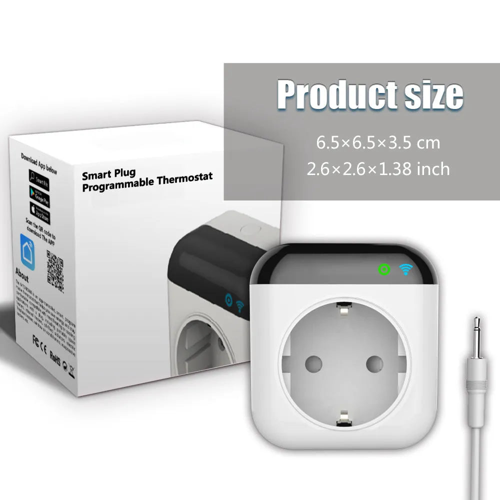 White Tuya WiFi smart temperature control socket with US 3-hole outlet and temperature sensor probe