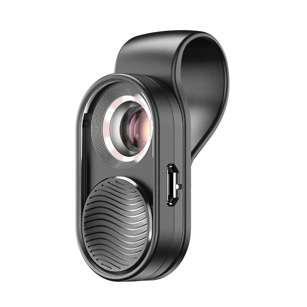 Black mobile magnification microscope clipped to smartphone with six LED lights illuminated, 100x lens, Micro USB charging port visible