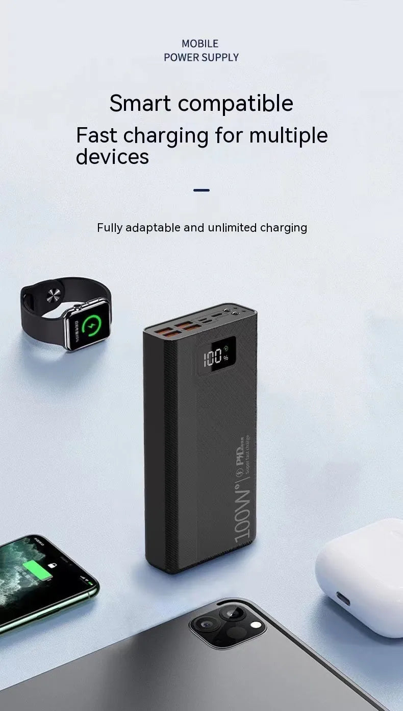 Black and white plastic power bank showing dimensions of 150 by 76 millimetres