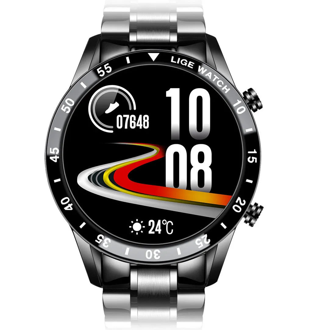 Smart watch with stainless steel band showing 1.3-inch screen display on a wrist.