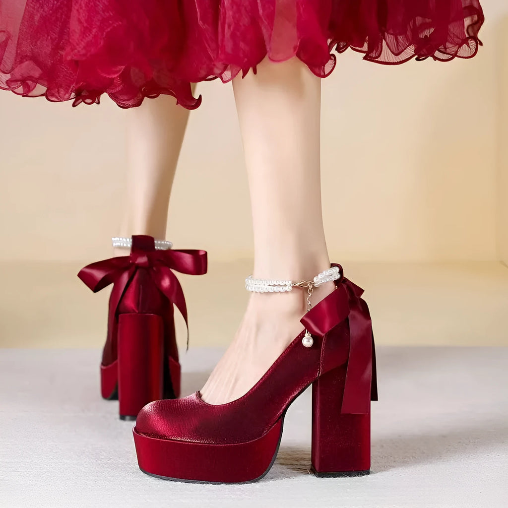 Women's chunky heel platform pumps in wine red with PU upper and rubber sole