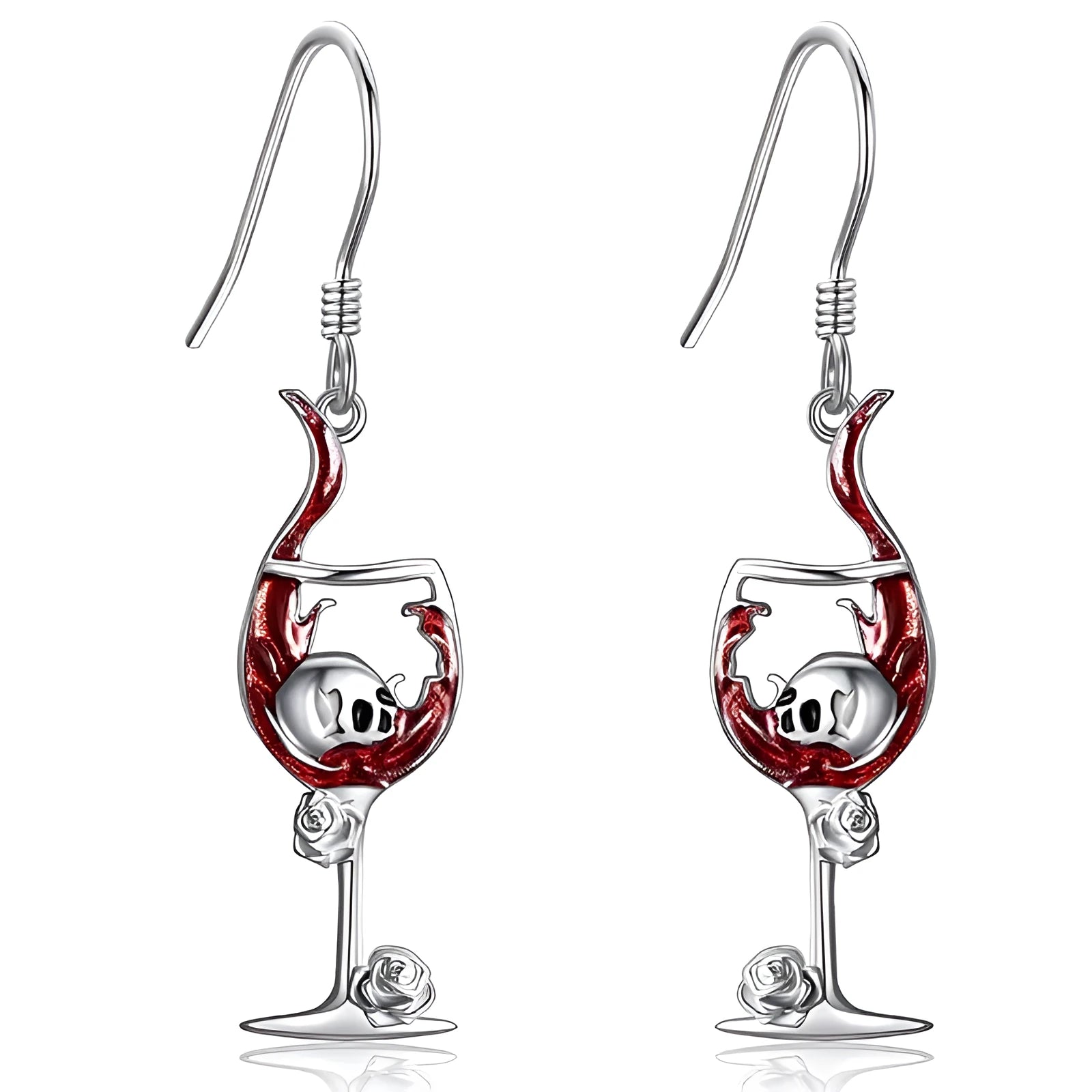 Close-up of a pair of geometric zinc alloy earrings with a skull and wine glass design and electroplated finish.