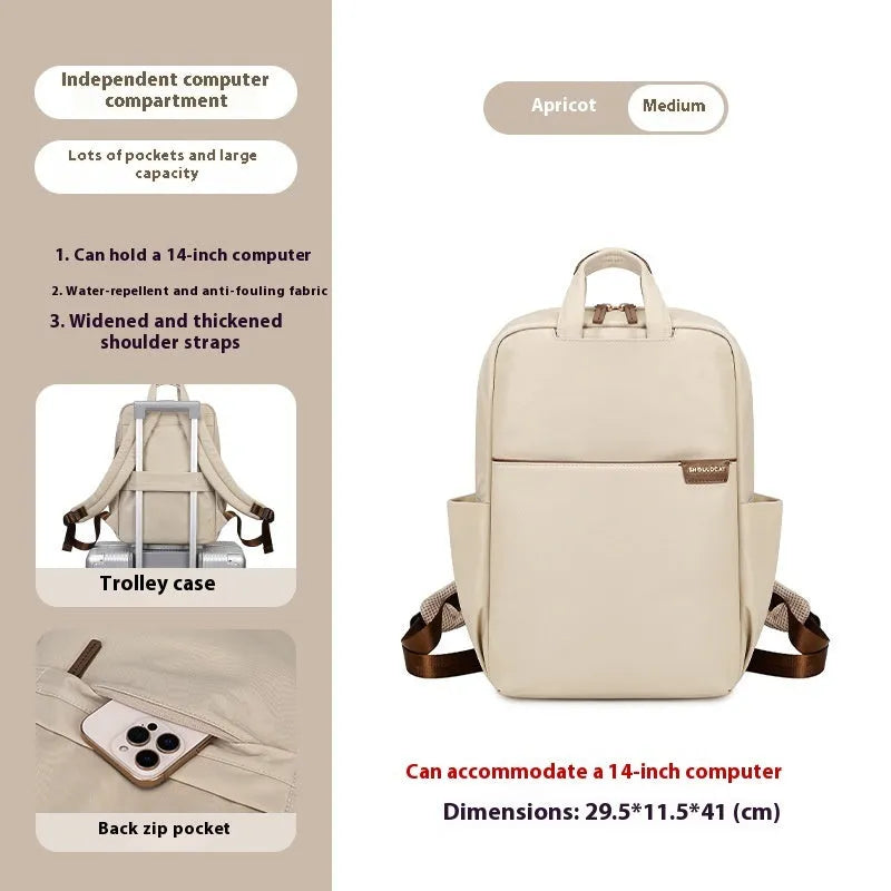 Women's canvas travel backpack showing organisational compartments and breathable design in apricot colour