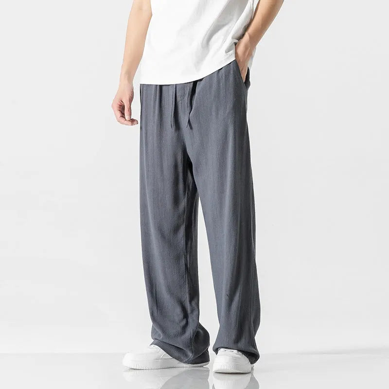 Men's bamboo fibre linen trousers with drawstring waist in straight-leg cut