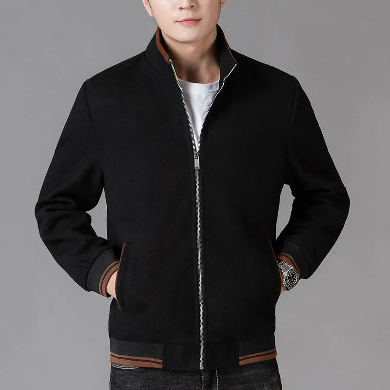 Men's grey autumn woolen fleece jacket in sports style with long sleeves and stick pocket