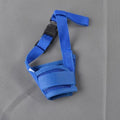 Adjustable plastic dog safety muzzle in black, shown on a size chart.