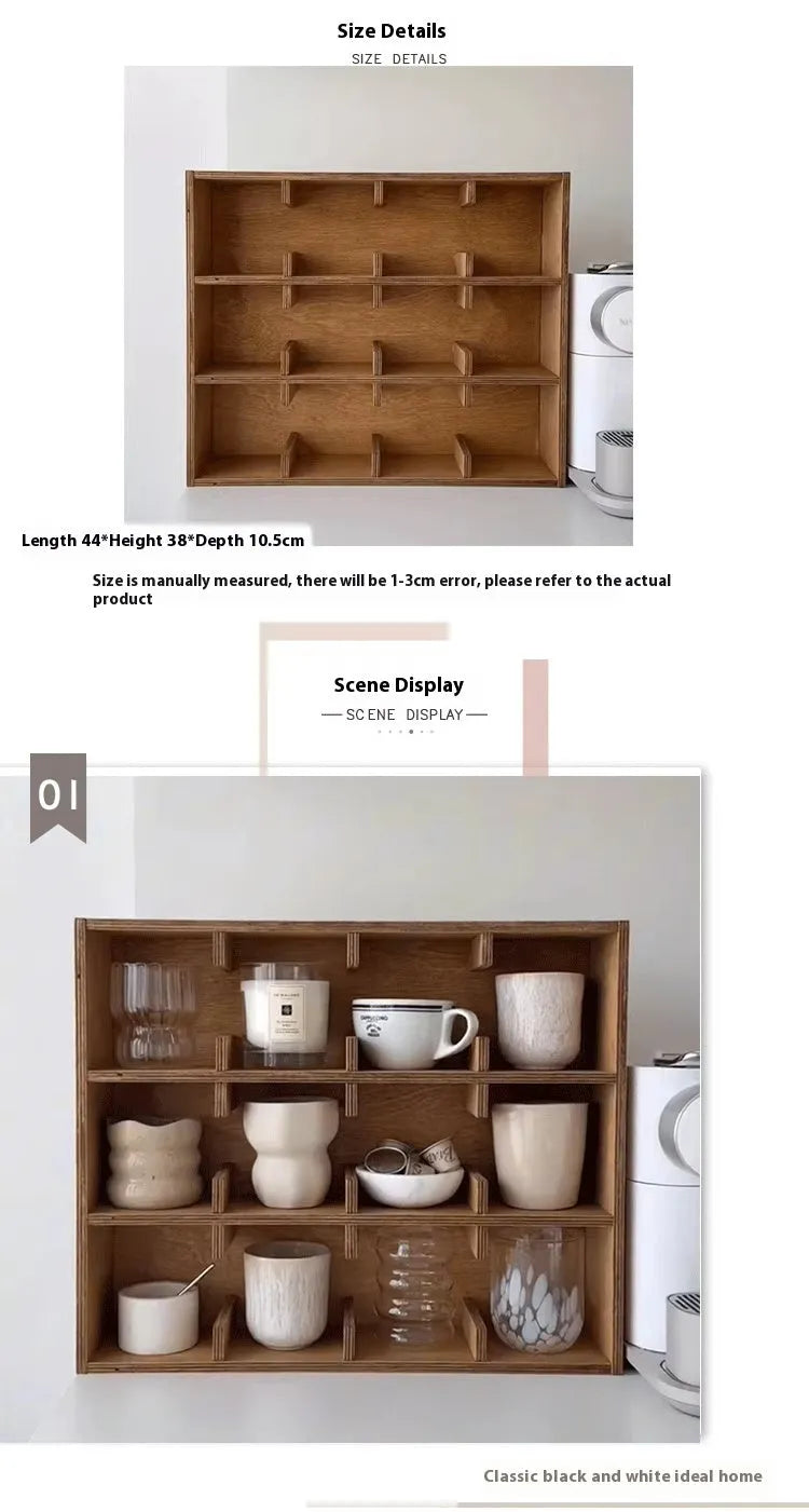 Solid birch wood cup storage rack with multiple grid compartments in meridian colour