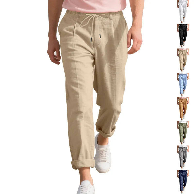 Men's linen straight leg trousers in army green with drawstring waist