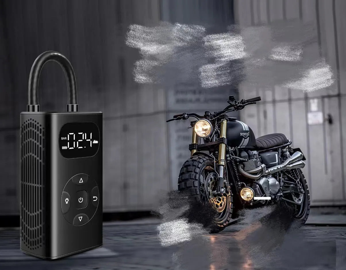 Black M09X portable USB electric air compressor power bank for tyre inflation.