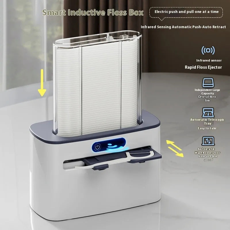 Electric dental floss box in dark grey, light grey or gold with automatic pop-up mechanism
