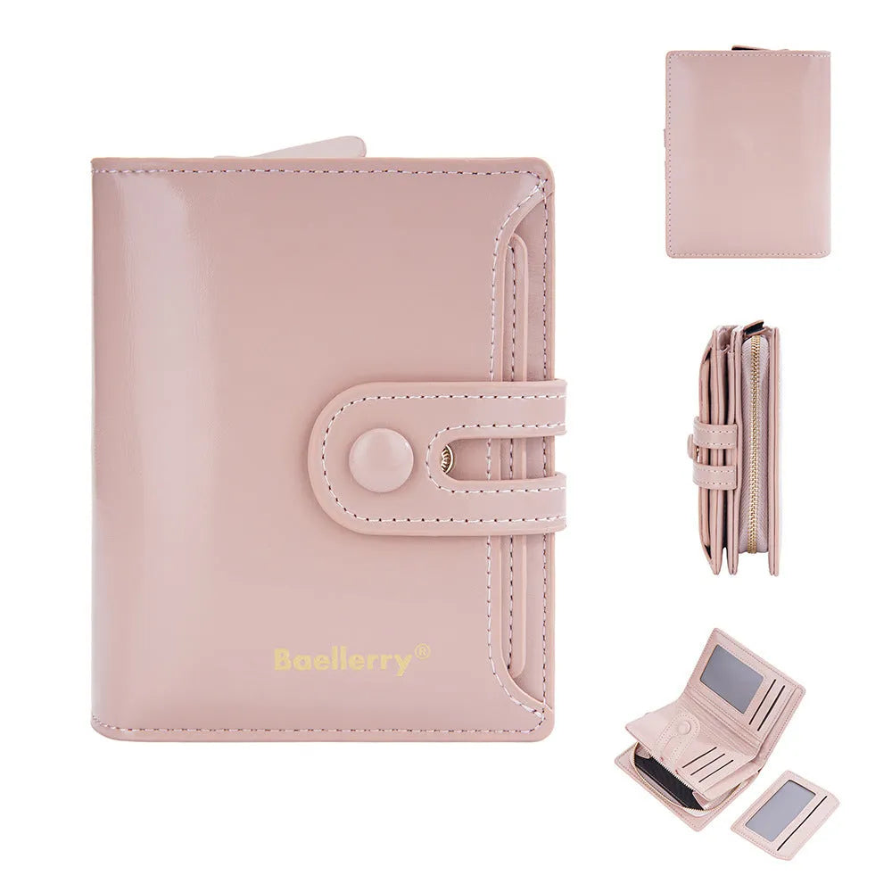 Women's PU leather card holder wallet shown in multiple colour options including black, pink, and blue.