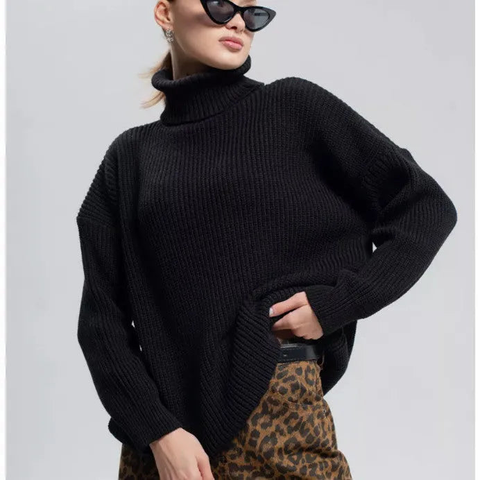 Women's sky blue loose high neck pullover sweater made from thick imitation cashmere fabric.