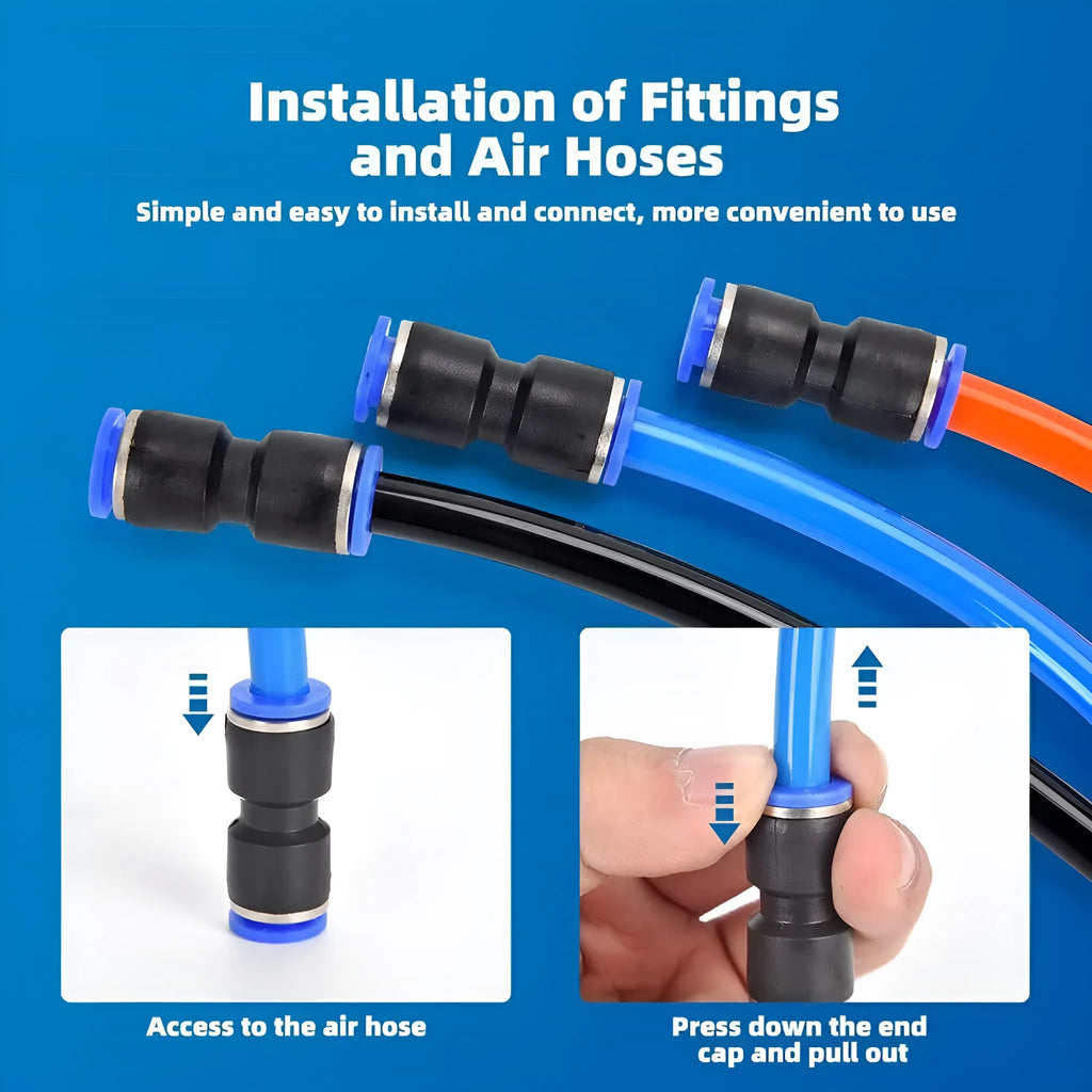 60-piece pneumatic push-in connector assortment with R1/4 and R1/2 inch sizes