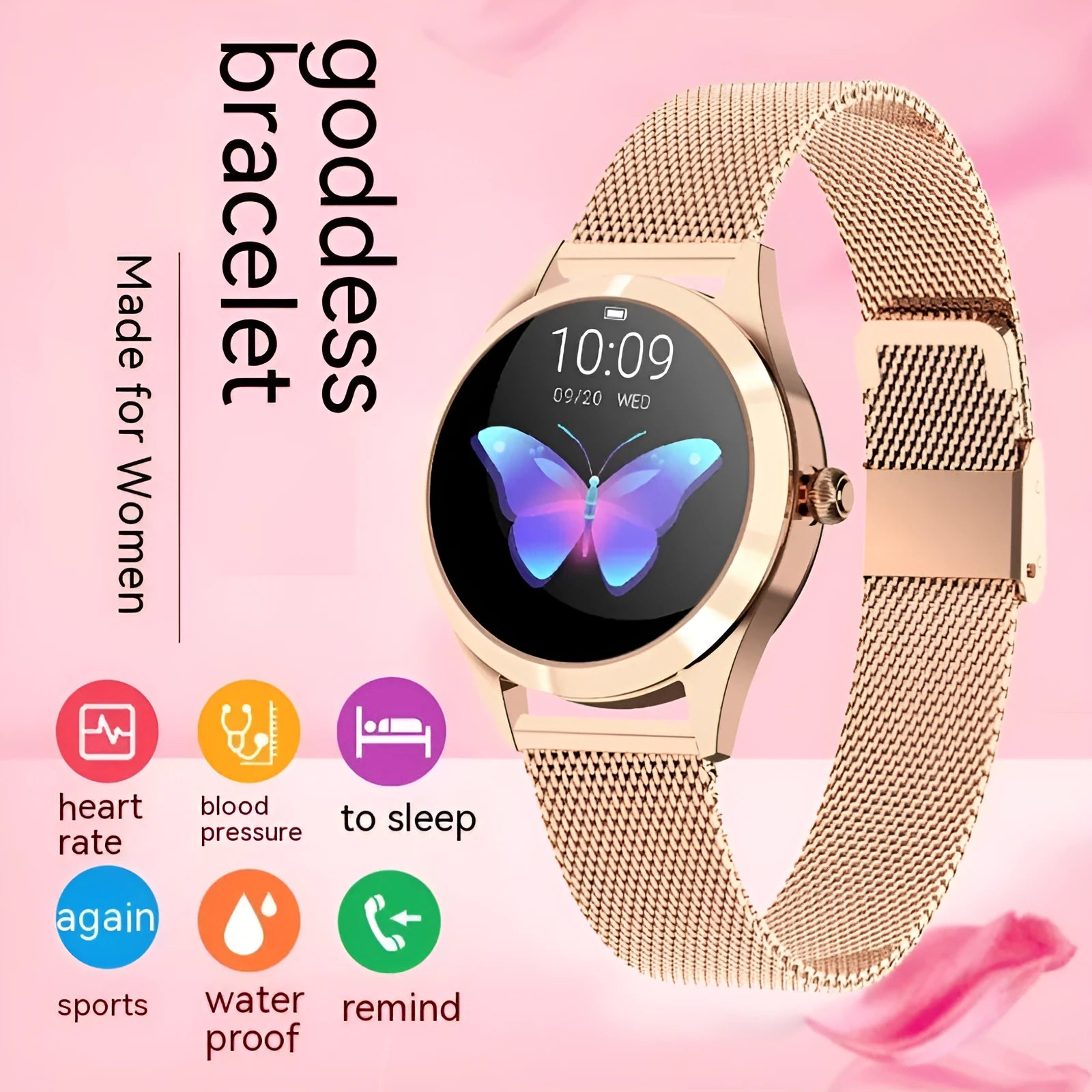 Women's multi-function smartwatch with heart rate monitor on wrist in black, rose gold, silver, or white.