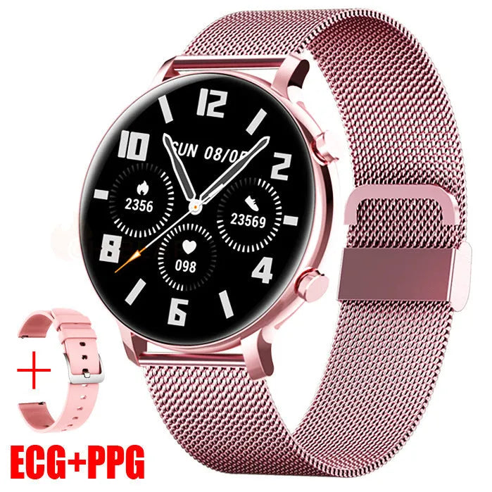 Silver stainless steel smartwatch with black screen showing heart rate data on a genuine leather strap.