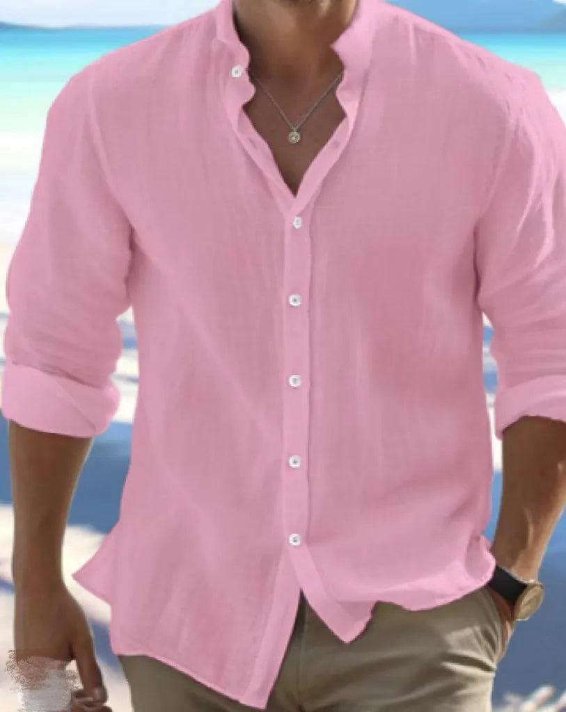 Men's long-staple cotton summer beach shirt in light grey with button front and casual pullover style