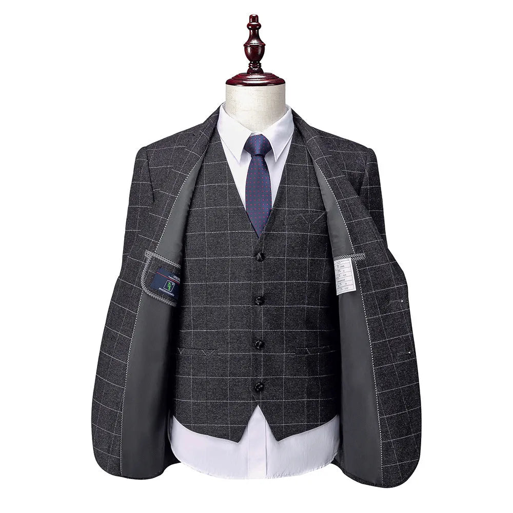 Men's Korean-style slim fit two-button business suit in dark grey polyester, front view on mannequin