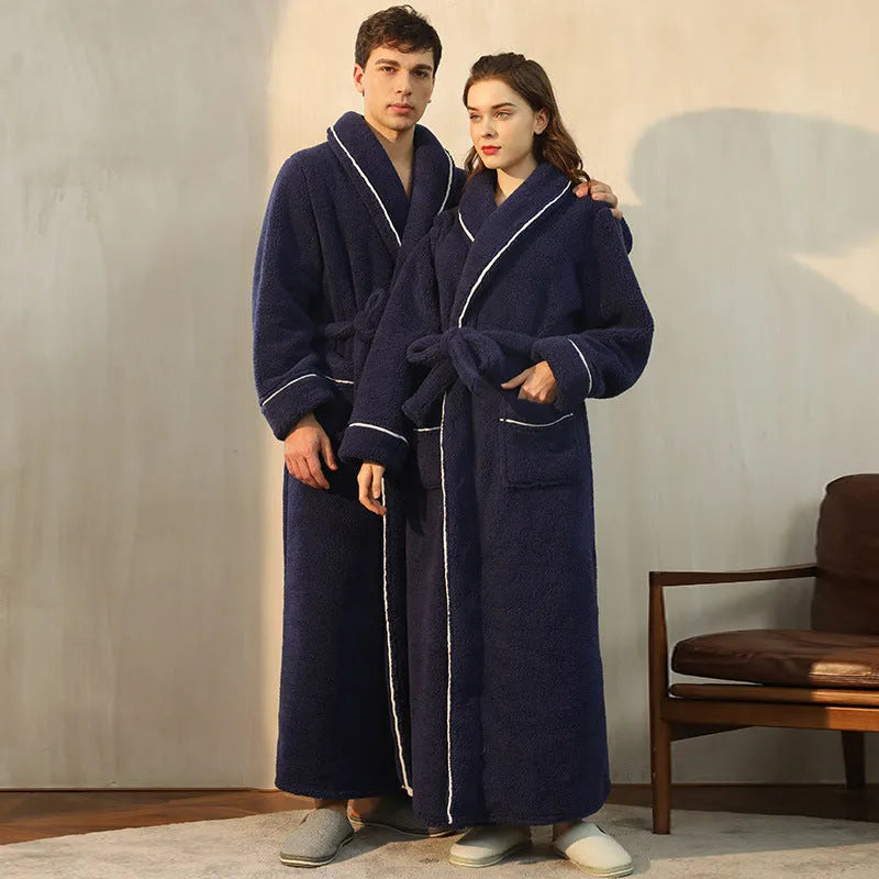 Men's and women's thick flannel bathrobe couple set in winter colours with extended plus sizing