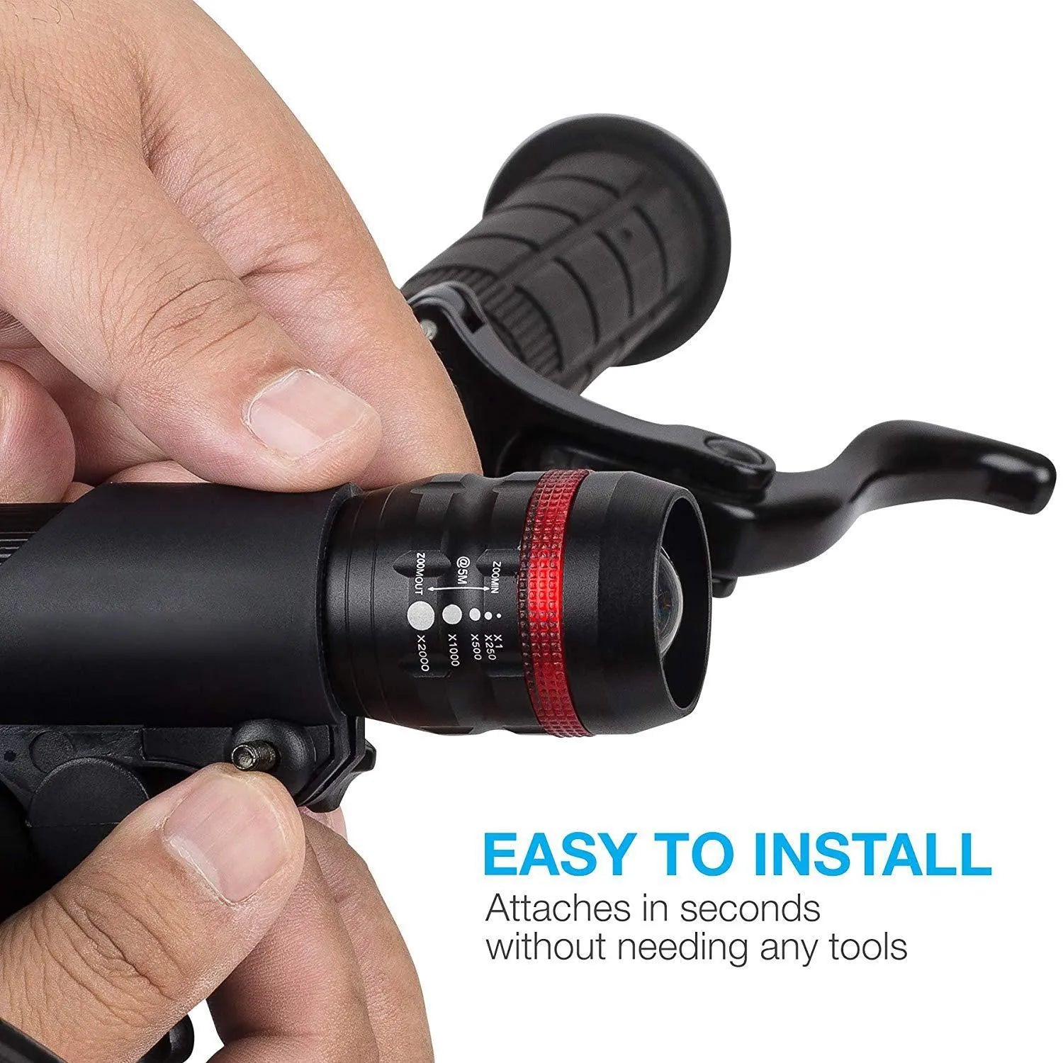 Bicycle headlight and red taillight set shown with a black mounting bracket on a handlebar.