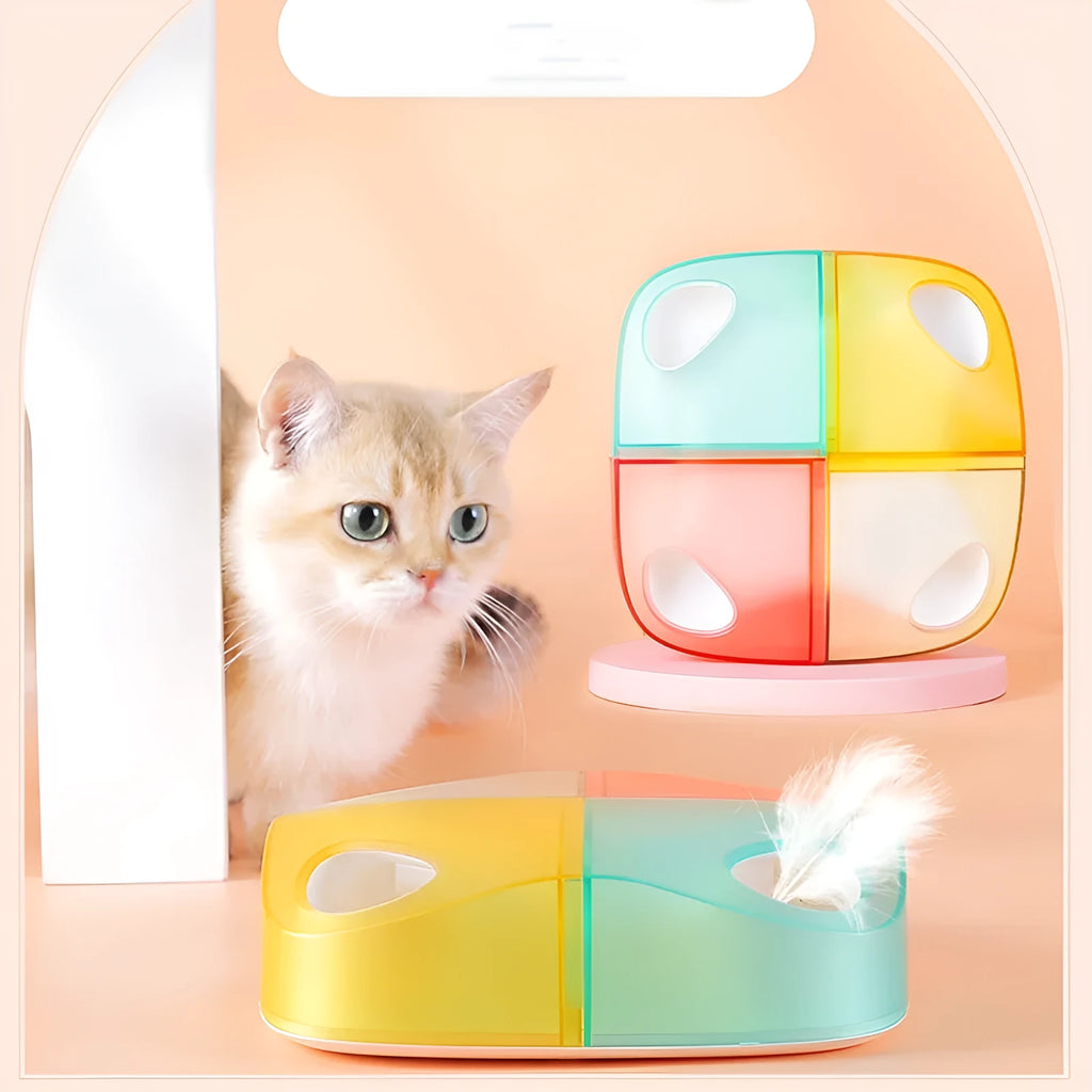 Automatic teasing cat feather toy with green ABS body and PC panel, rechargeable lithium battery, and vibration induction for interactive play