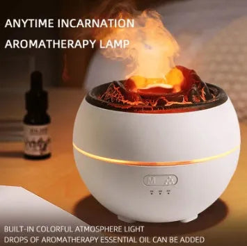 Flame aroma diffuser with timer, 300ml water tank, black crack style, on a wooden desk, with visible USB cable