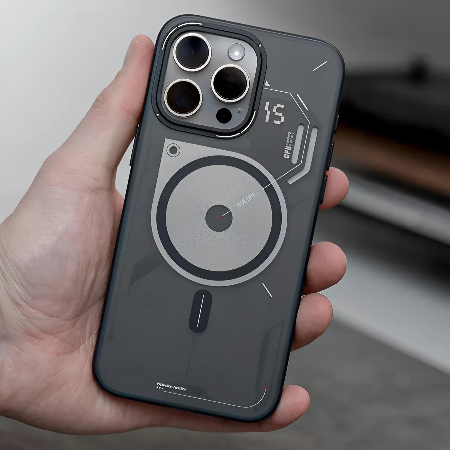 Grey magnetic phone case with cooling window for iPhone 15 Pro and 15 Pro Max in Cyberpunk style