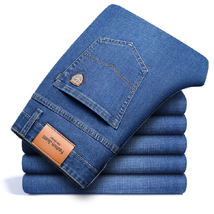Men's straight-leg elastic business trousers in dark blue cotton denim, mid-waist, sizes 29-42