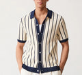 Men's white ice silk knitted short sleeve lapel top with asymmetric stripe pattern