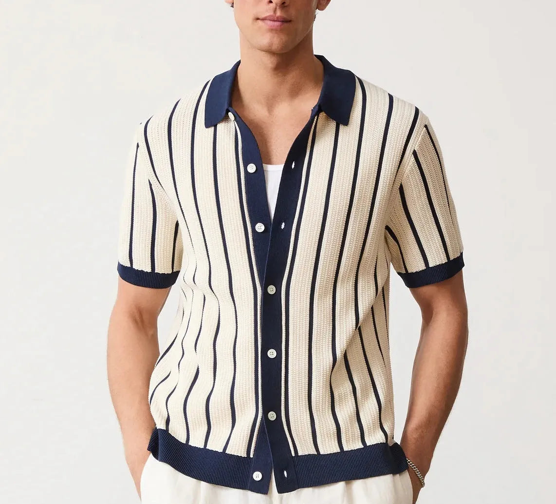 Men's white ice silk knitted short sleeve lapel top with asymmetric stripe pattern