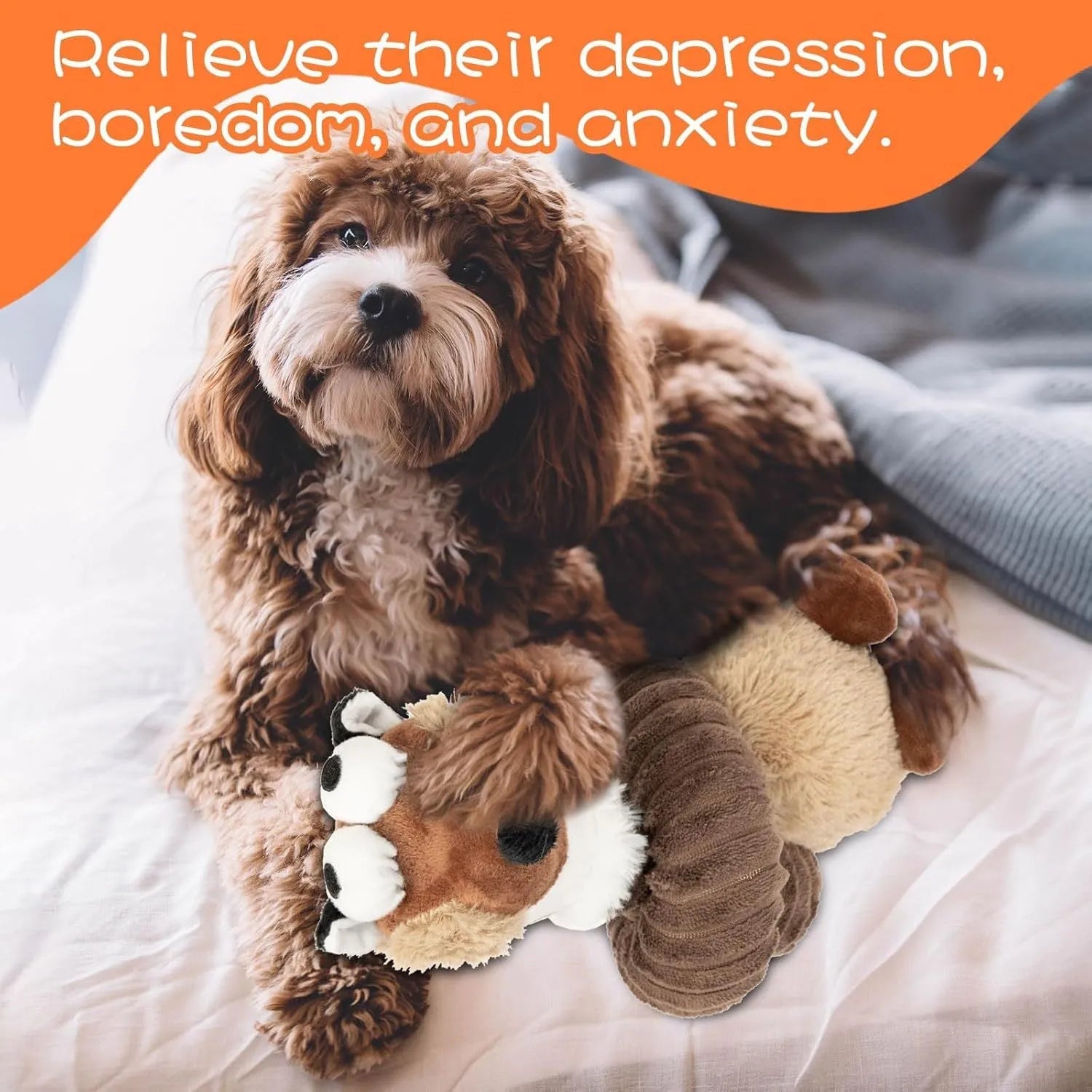 Foldable plush dog toy with squeaky and crinkle features in brown, grey and yellow colours