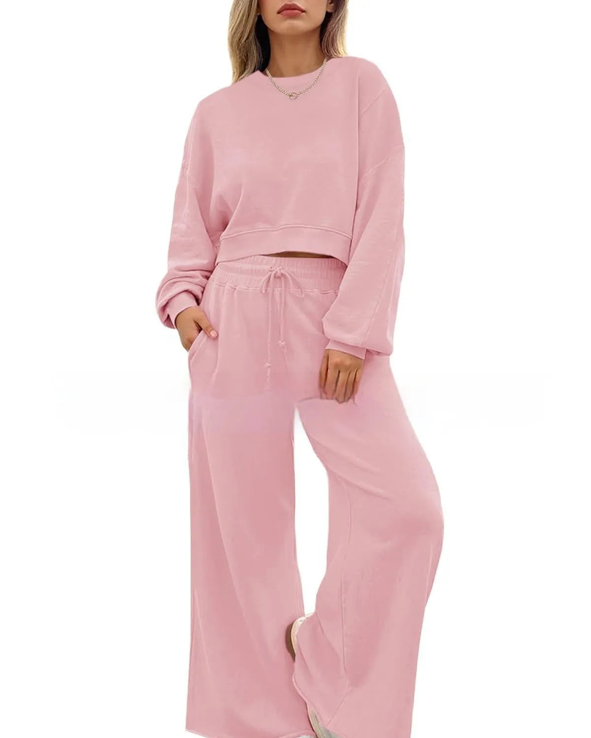 Women's solid colour polyester trousers two-piece set with long sleeves
