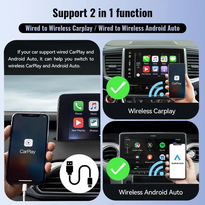 Small black Carplay USB wireless data adapter dongle on a car dashboard