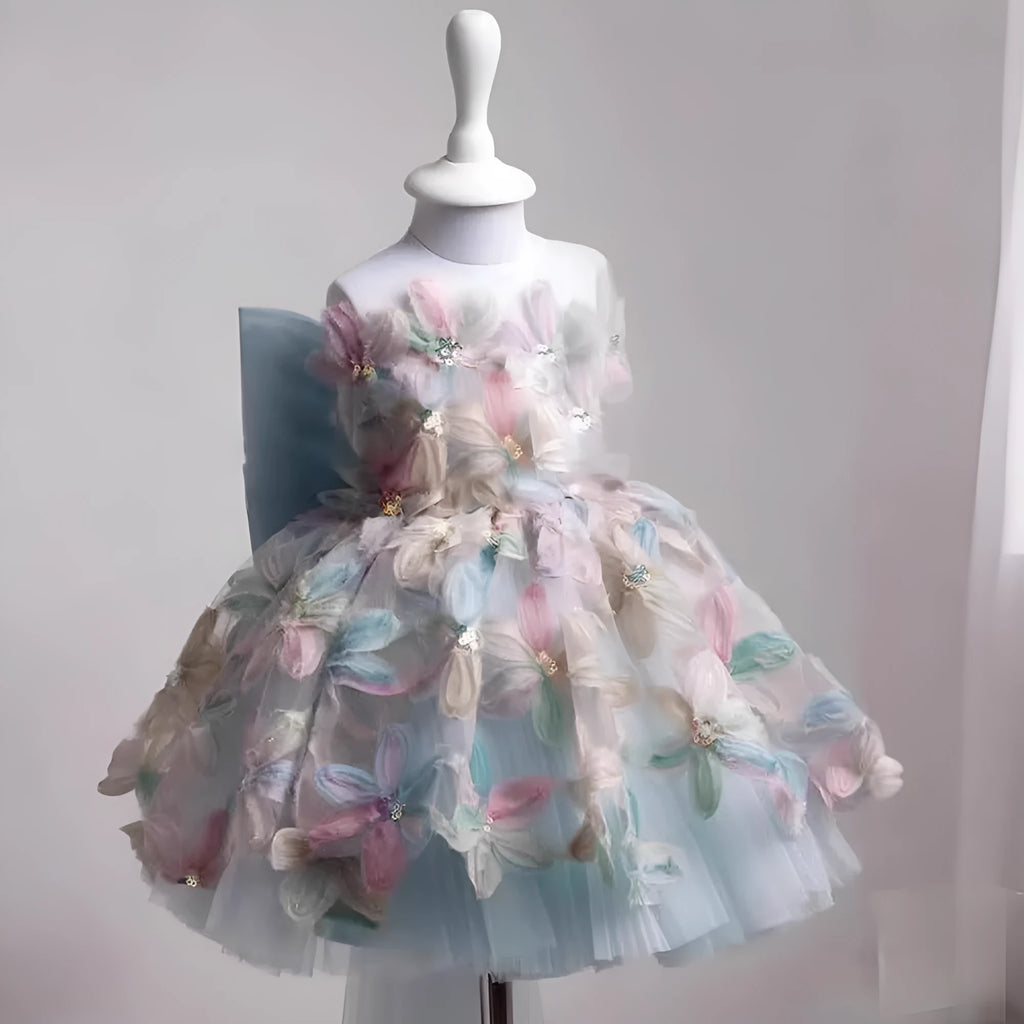 Children's full dress light luxury minority high-end princess style polyester fibre, blue one shoulder, suitable height 80-130cm