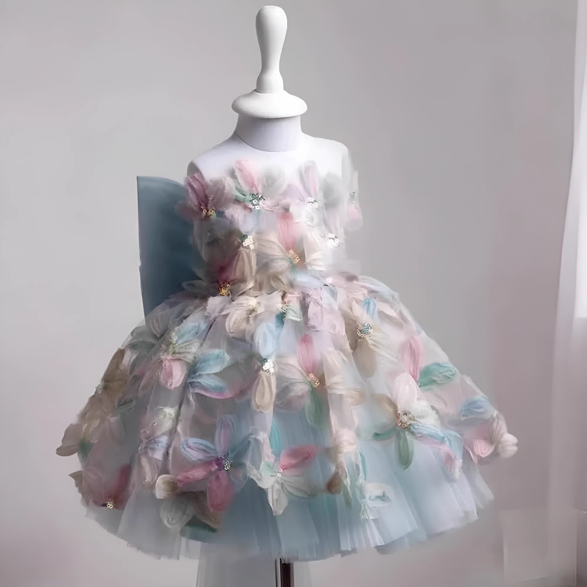 Children's full dress light luxury minority high-end princess style polyester fibre, blue one shoulder, suitable height 80-130cm