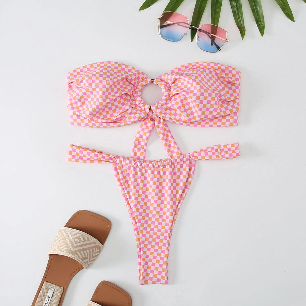 Women's floral printed bikini swimsuit with tube top and backless brief design